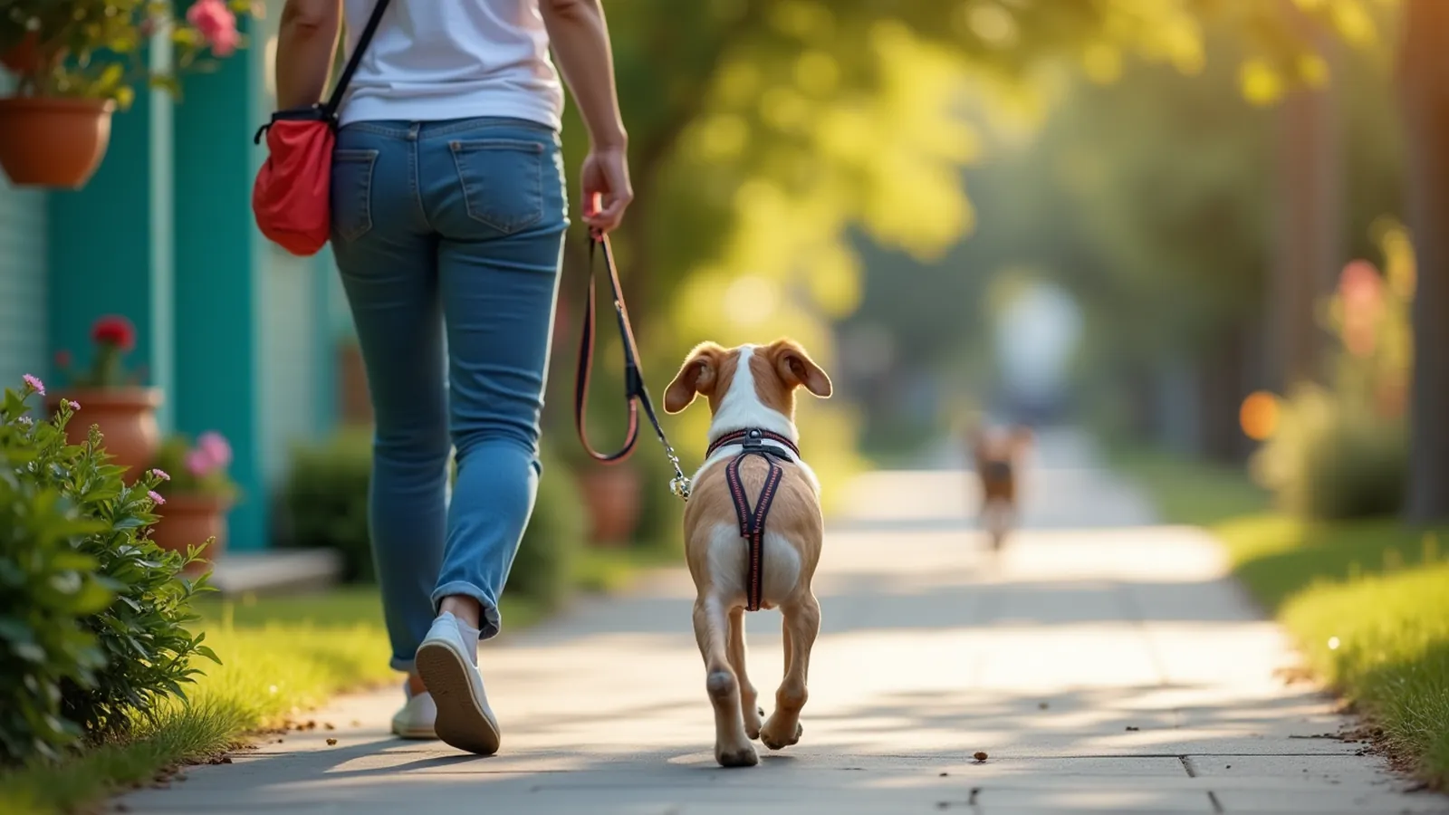 A calm distance walk during reactive dog training on a sunny sidewalk