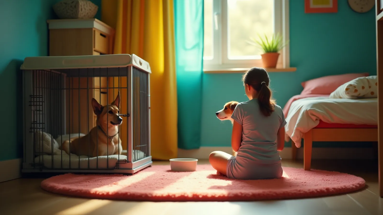 Blanket-covered dog crate in a dim corner with a person sitting nearby