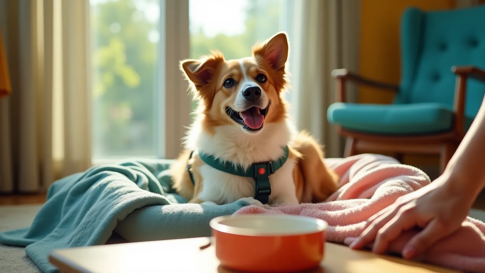 Calm rescue dog corner set up for the 3-3-3 rule, with bed and bowl