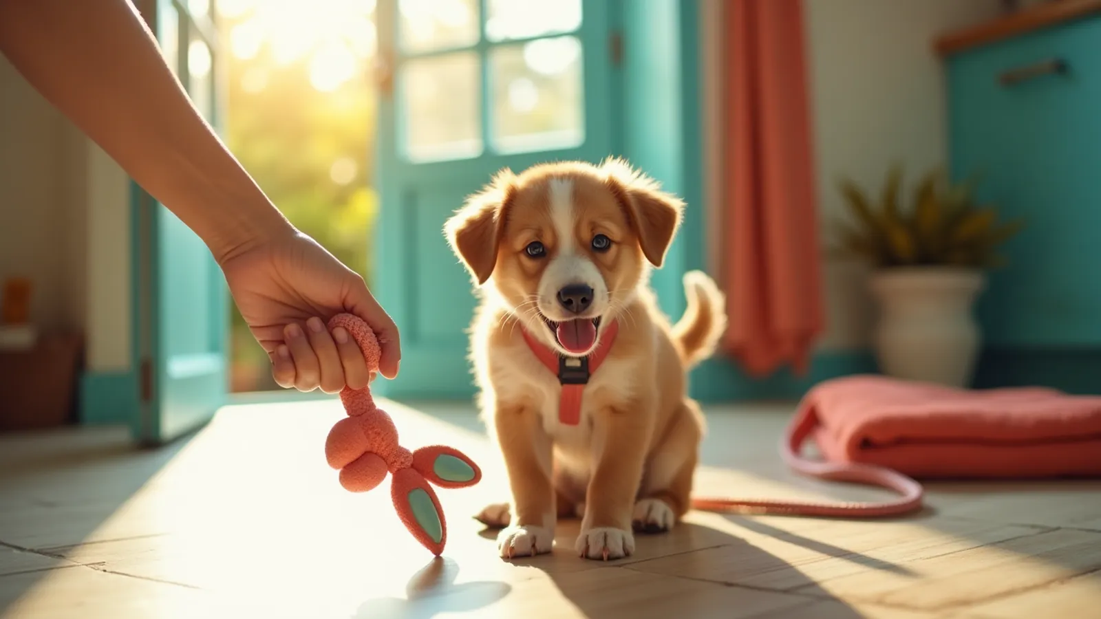 Hand holds a tug toy low near a puppy, with towel and leash by the door.