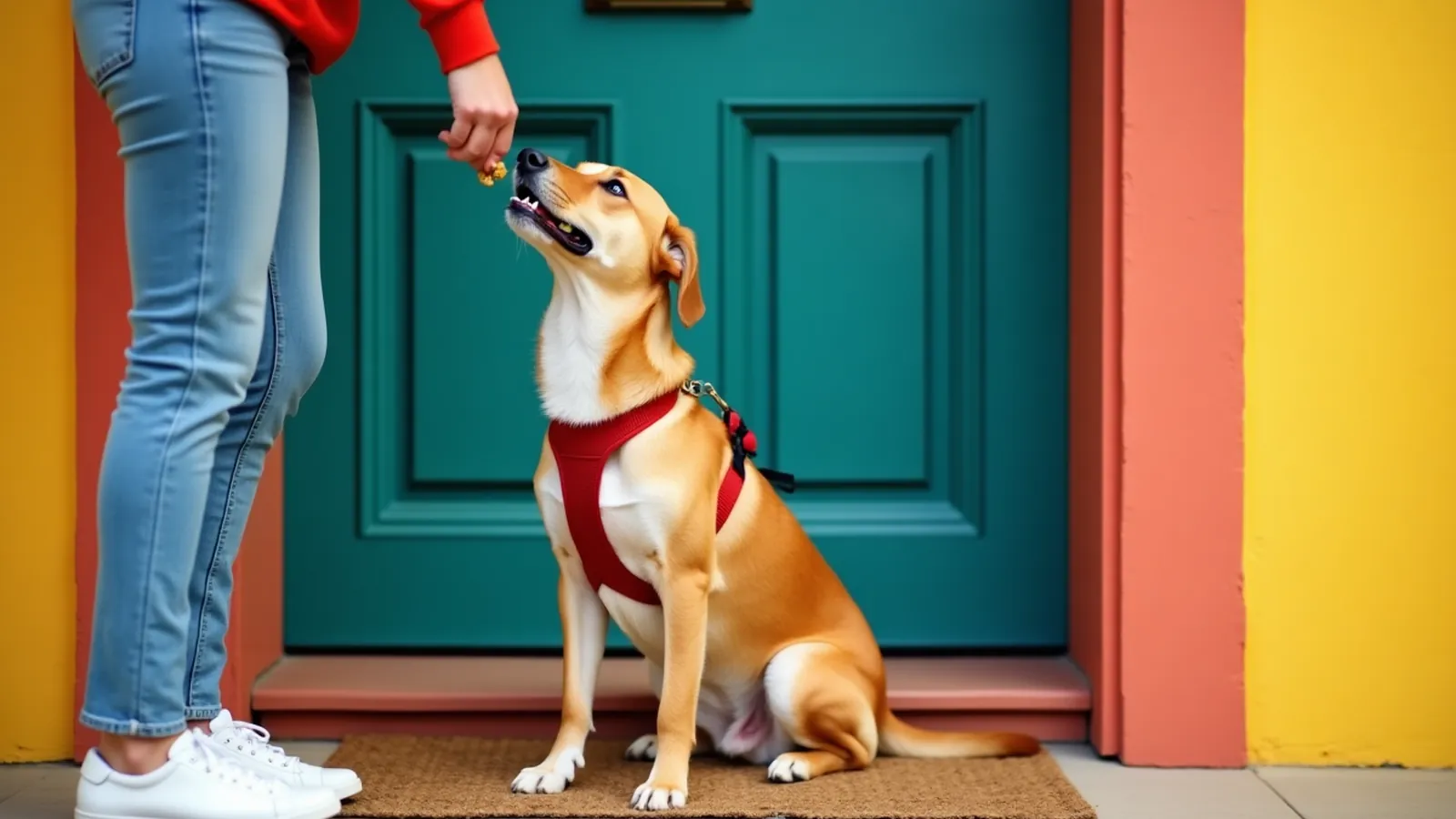A dog in a red harness sits on the doormat and looks up at a treat instead of jumping