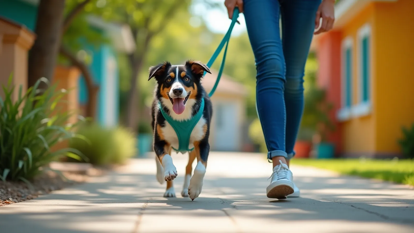 A collie mix trots beside its owner on a slack teal leash, the goal when you stop a dog pulling on the leash