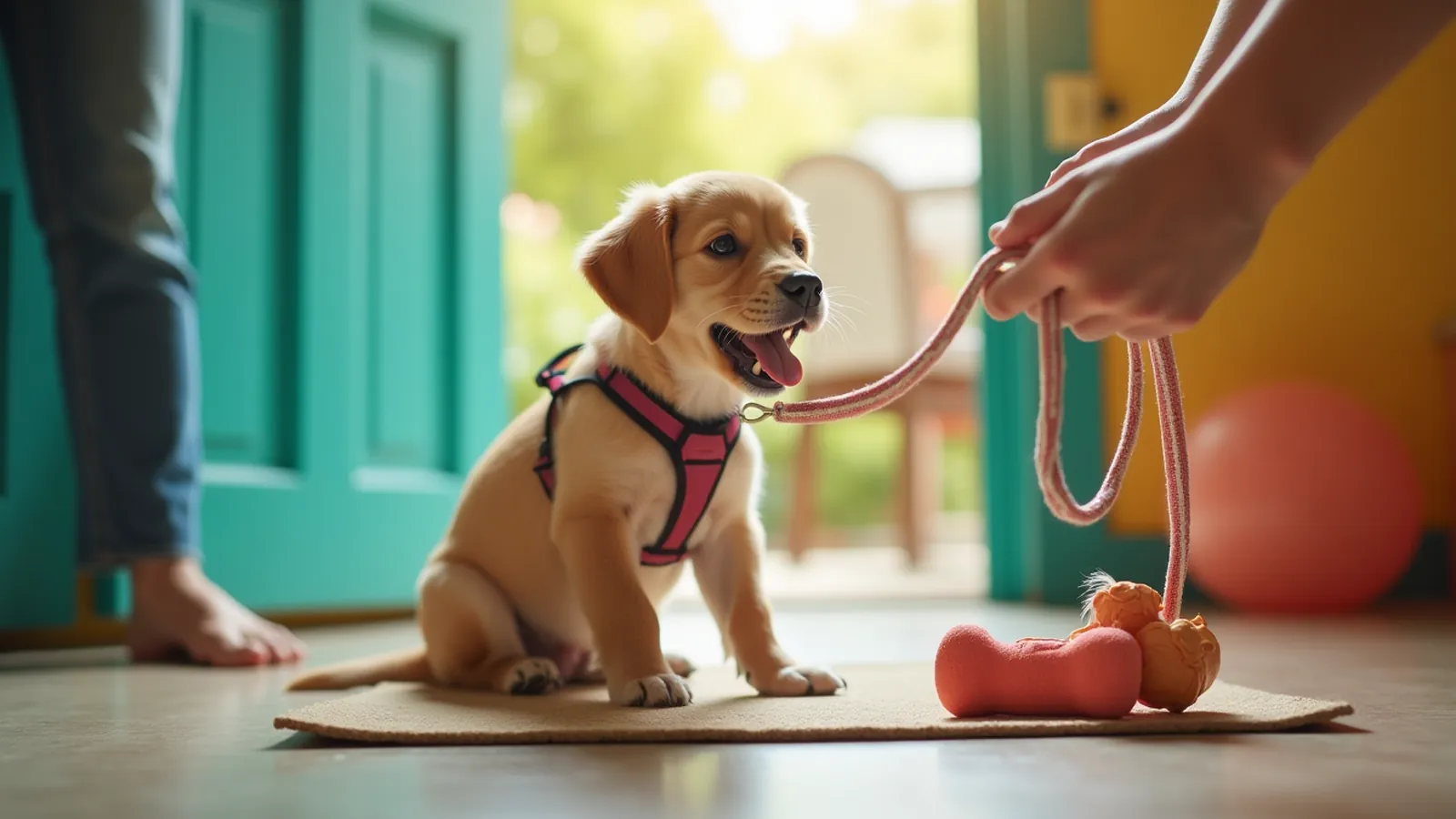 Hands clipping a tether to a puppy's harness near a chew toy on a mat