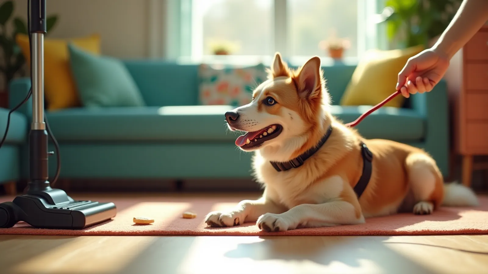 A dog scared of vacuum waits on a mat as a hand offers treats.