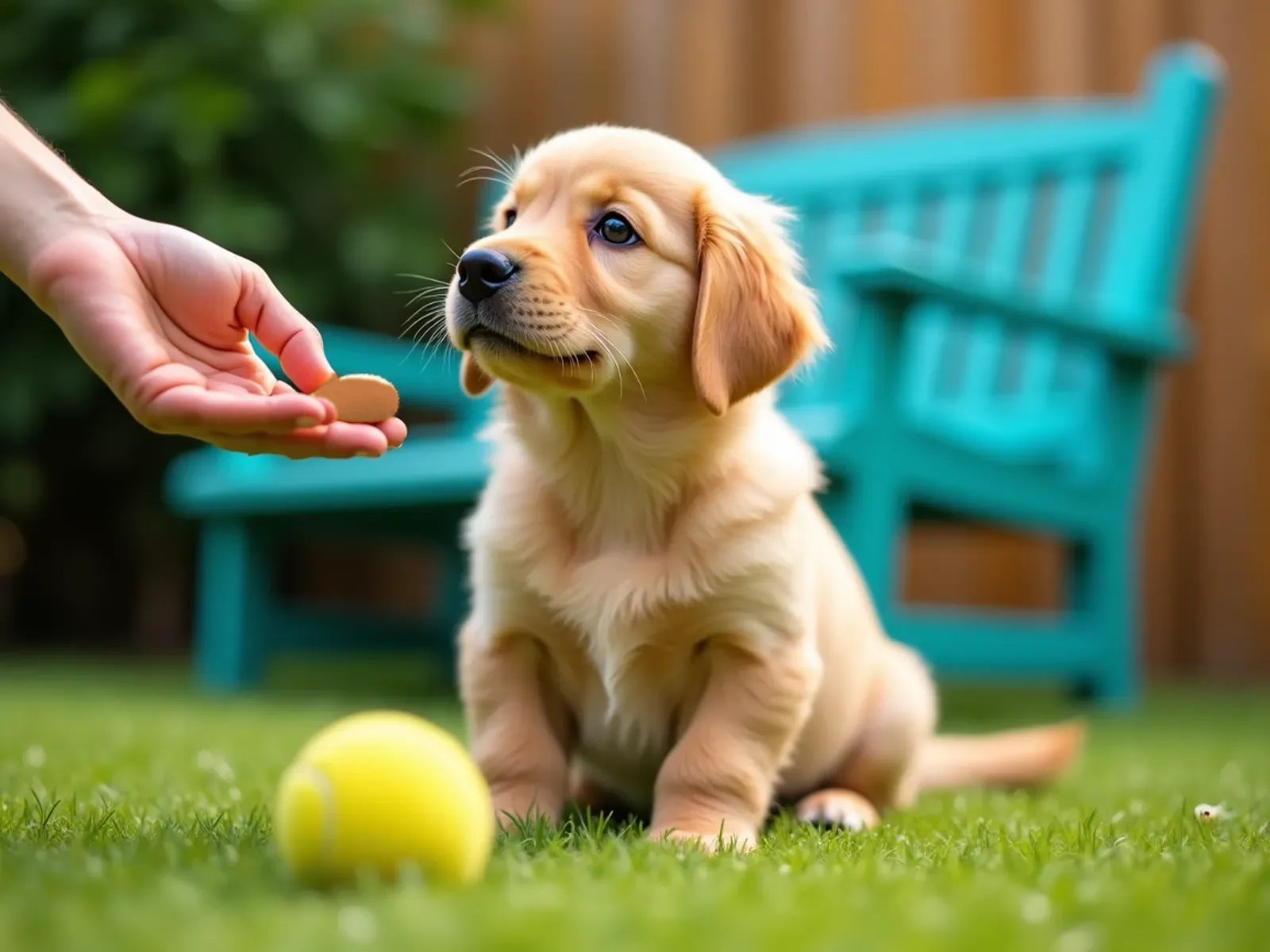 A golden retriever puppy sitting on the grass and looking up at a hand offering a small treat, a yellow tennis ball beside it.