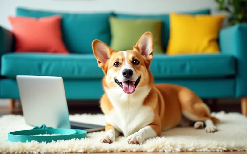 A smiling corgi lies on a rug beside a laptop and a coiled teal leash in a bright living room.