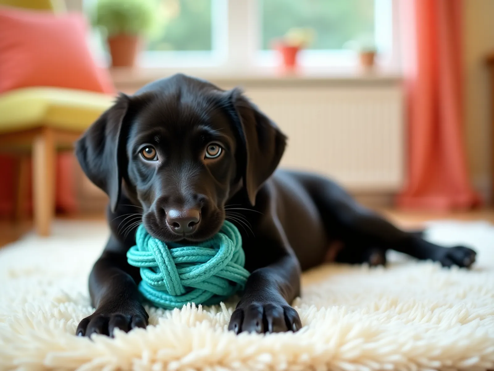 A black labrador puppy lying on a cream rug, chewing a teal rope toy held between its paws.
