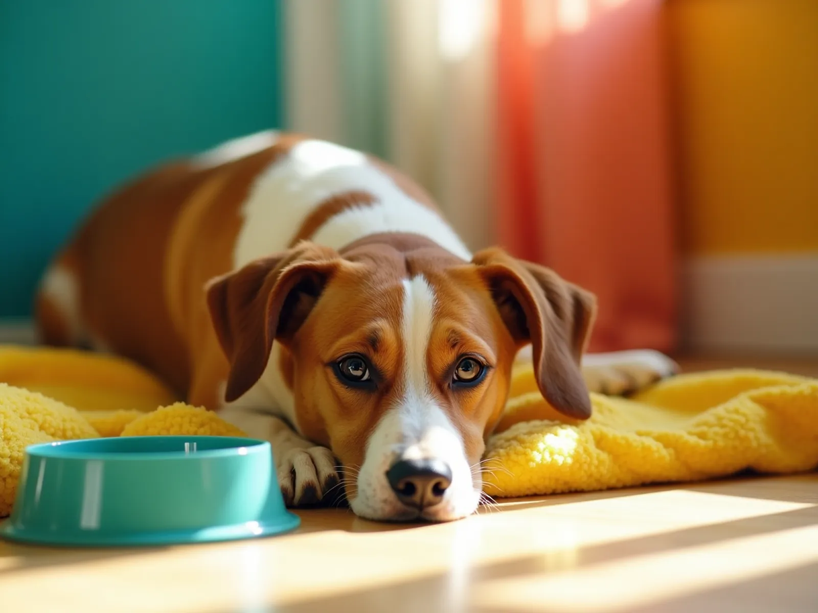 A brown and white rescue dog resting its head on its paws on a yellow blanket beside a teal water bowl.